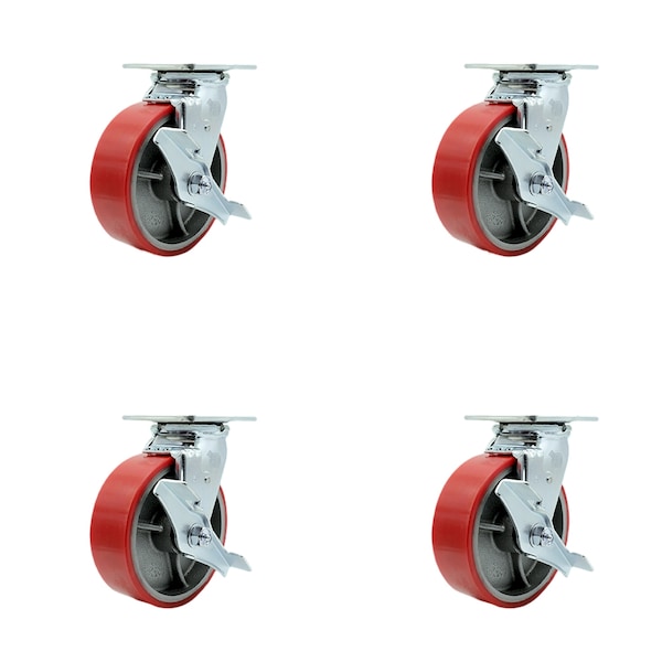 6 Inch Red Poly on Cast Iron Swivel Caster Set with Ball Bearings and Brakes SCC